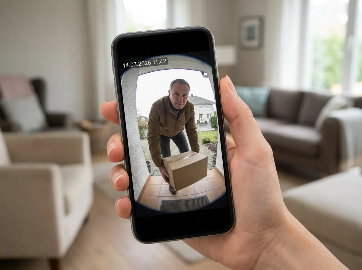 Smartphone-Display zeigt Kamera-Aufnahme: Person nimmt Paket von der Eingangsstufe