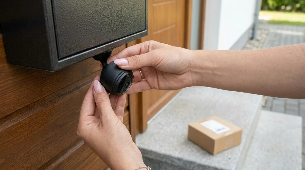 Lisa befestigt die SpyFocus Mini-Kamera am Briefkasten neben der Haustür – Paket auf der Eingangsstufe